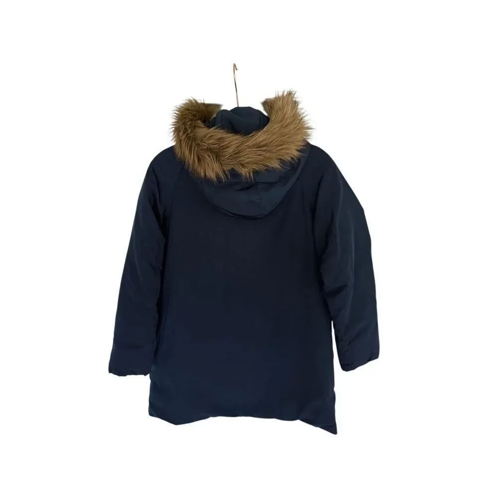 Zara Kids Navy Blue Faux Fur Trim Hooded Full Zip Down Parka Jacket Size 11/12